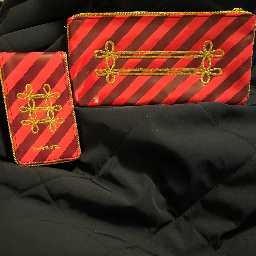 MAC Red and Gold Striped Cosmetic Bag Set